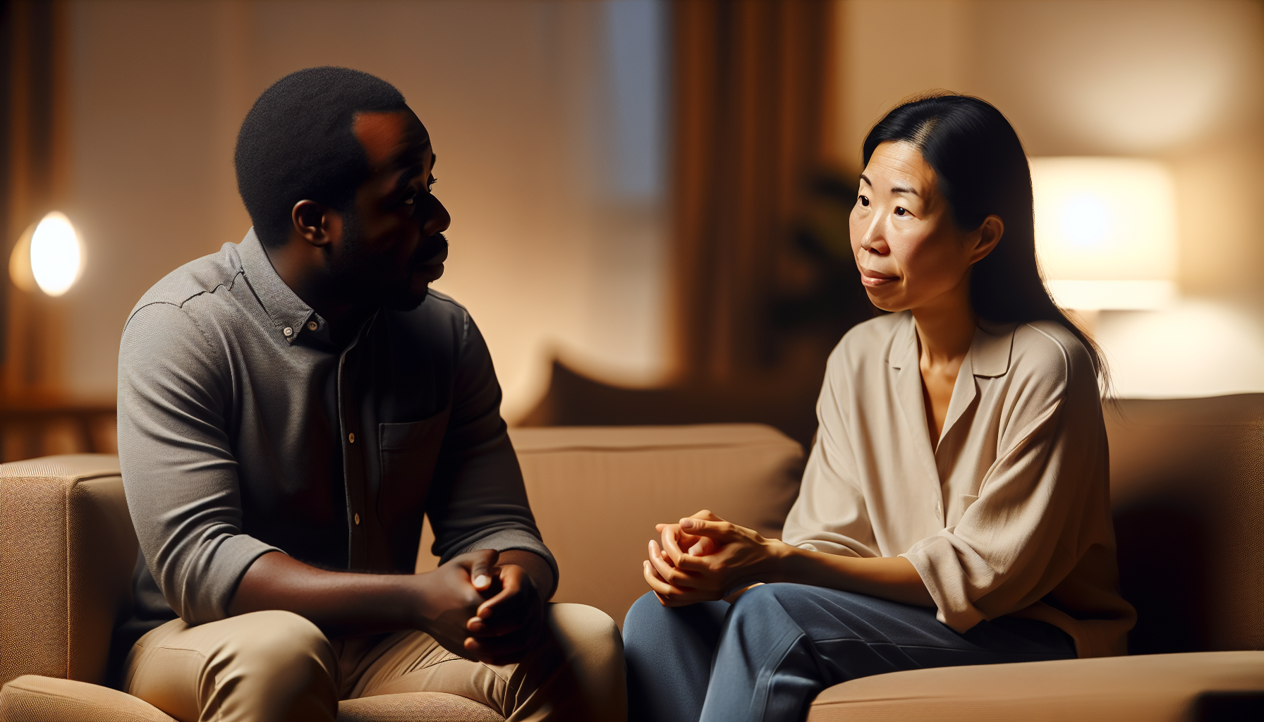 A couple having an open and honest conversation, representing the communication fostered by sex therapy