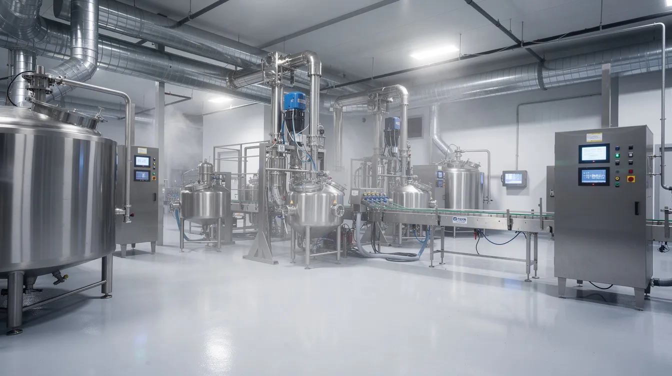 2c78c8fe e32c 435c 9bec 9d0897503ff5 The image depicts industrial stainless steel ice cream production machinery inside a modern dairy factory, showcasing advanced equipment designed for high production capacity. The setup includes continuous freezers and various machines tailored for manufacturing ice cream products like cones and cups, emphasizing durability and technology in the plant layout.