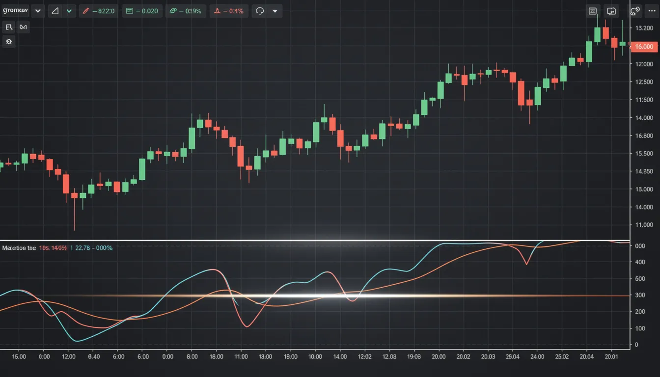 The image depicts a financial chart showcasing price movements with momentum indicators oscillating around a center line. The relative vigor index (RVI) and other technical indicators illustrate potential trading signals, highlighting bullish and bearish trends while assisting traders in identifying entry and exit points.