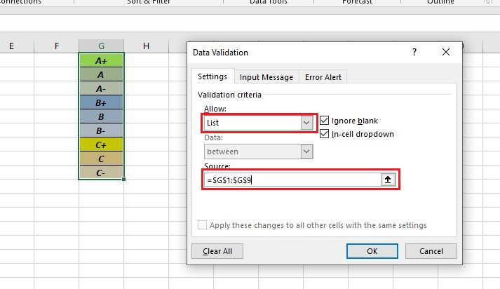 Setup Data validation box.
