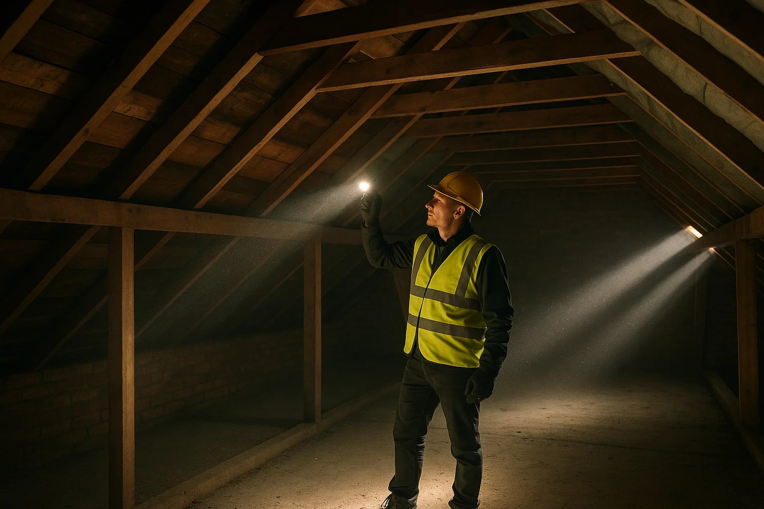 Roofer inspecting the loft and internal roof structure for planning and regulation compliance.