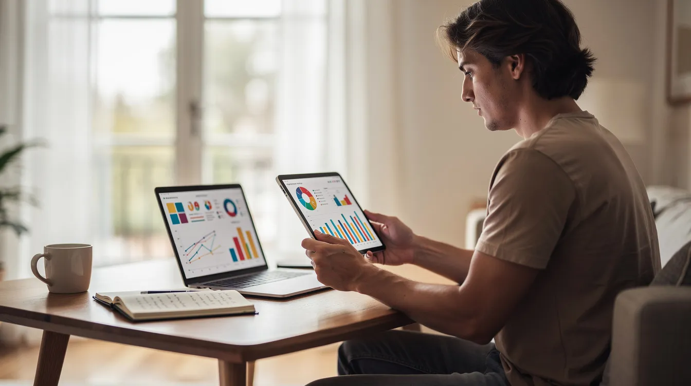 A person is sitting at a desk, reviewing detailed financial statements on a tablet device while working remotely, highlighting the importance of financial transparency in property management. This scene emphasizes the proactive approach property managers take to enhance property owners' understanding of their property's financial performance and maintain clear communication.