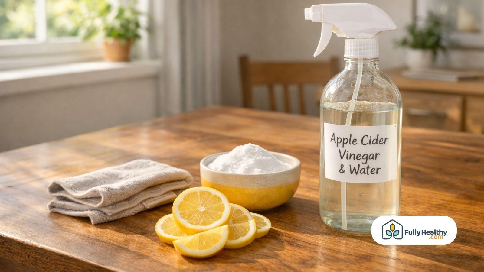 Homemade apple cider vinegar cleaning spray with lemon baking soda and cloth