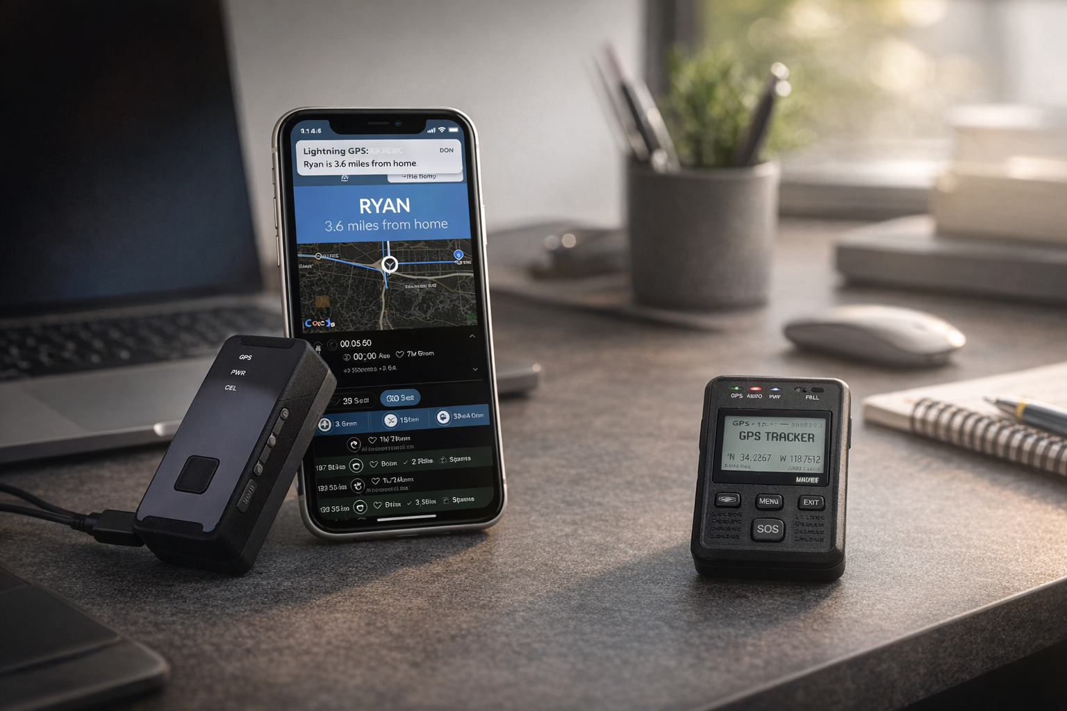 subscription vs no subscription GPS trackers comparison showing two GPS tracking devices with smartphone map