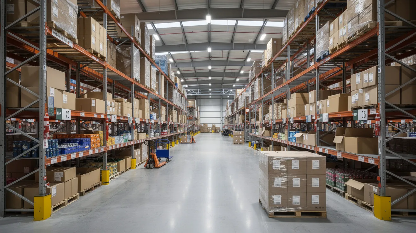 The image depicts a vast fulfillment warehouse filled with tall rows of shelving stocked with shipping boxes, all organized and ready for dispatch. This setting is essential for dropshipping businesses, particularly for Shopify store owners seeking reliable suppliers and efficient inventory management.