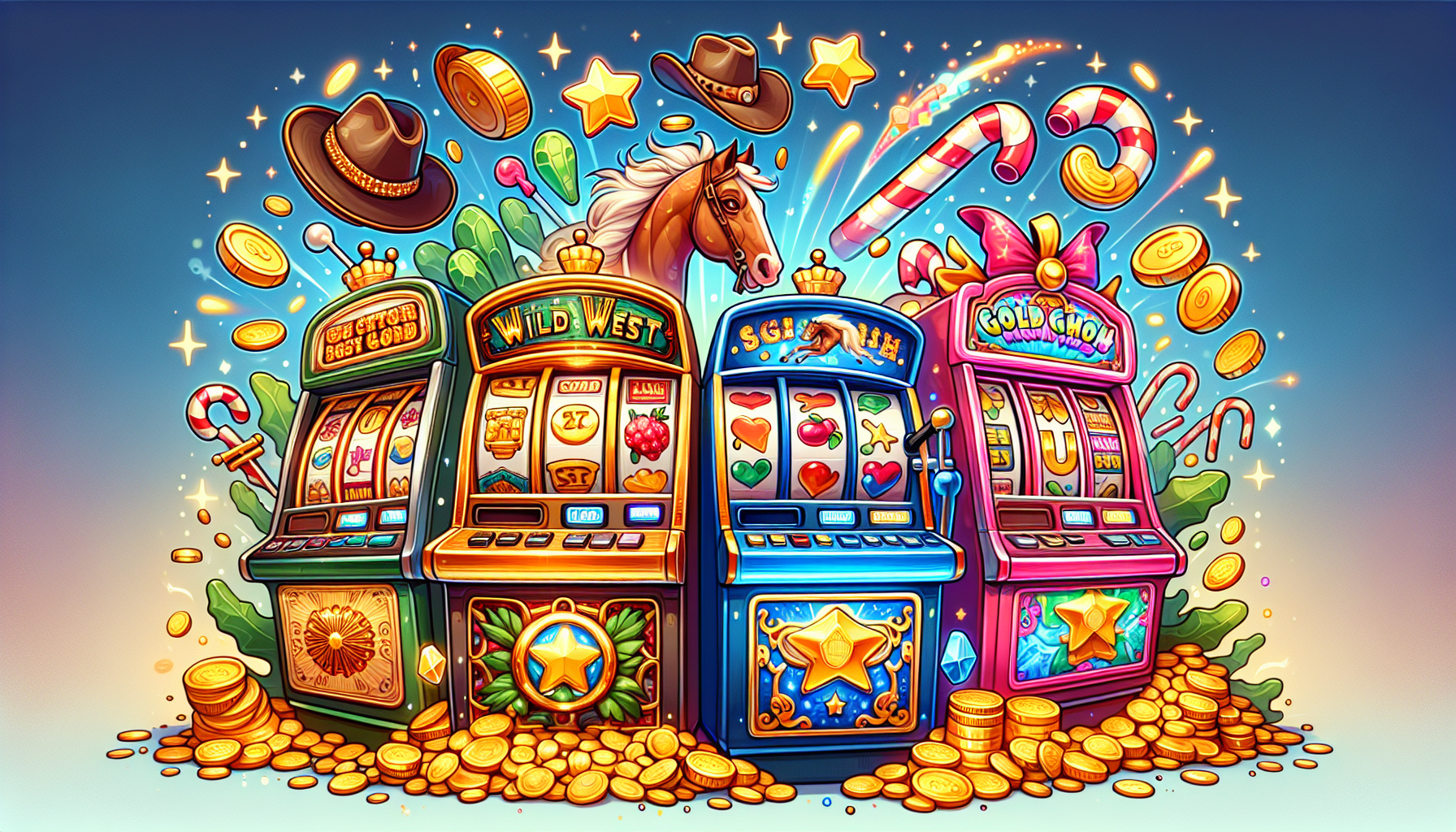 Cartoon illustration of a variety of slot games