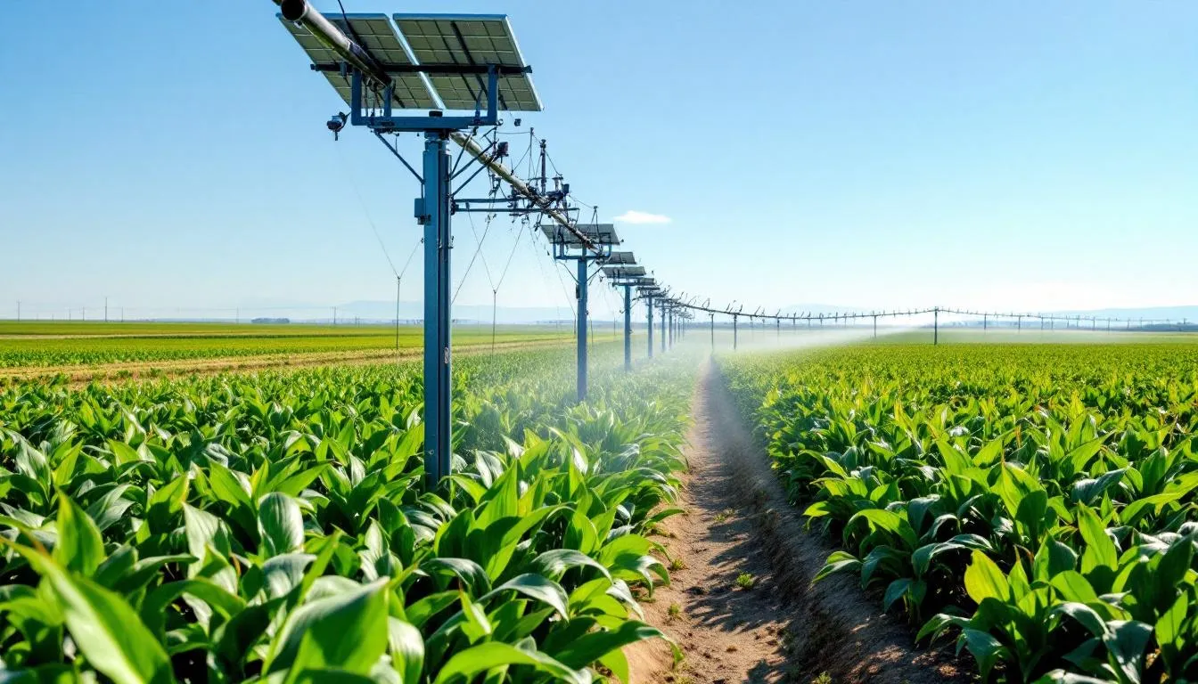 A solar-powered irrigation system is actively watering crops in a vast agricultural field under bright sunlight, showcasing solar panels that harness energy for reliable operation of the solar water pumps. This sustainable setup highlights the benefits of using clean energy for efficient water management in farming.