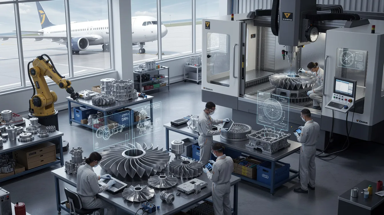 The image depicts a high-tech CNC machining workshop where precision machining is utilized to manufacture complex aerospace parts, including turbine blades and engine components. Various computer-controlled machines are shown, highlighting the advanced automation and specialized tooling necessary for producing critical engine parts within the aerospace industry.