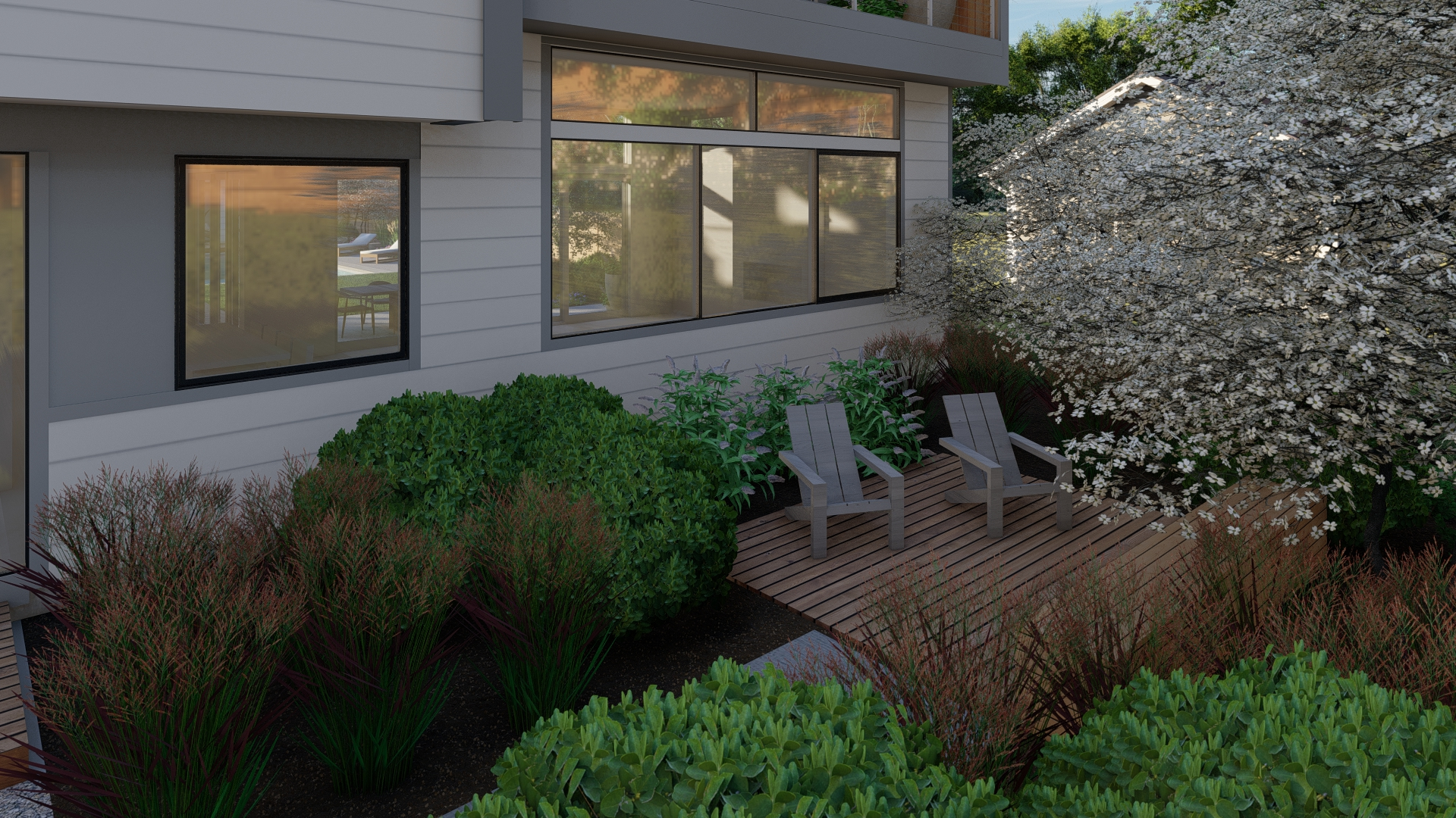 a private side wood patio with adirondeck chairs