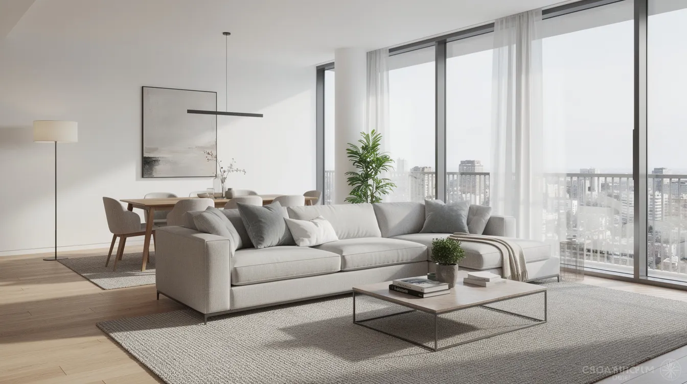 The image depicts an open plan apartment featuring a sectional sofa that effectively divides the living and dining areas, creating a comfortable seating area for guests. The l shaped sectional sofa enhances the room layout, providing generous seating and maintaining an open floor space ideal for traffic flow and social gatherings.