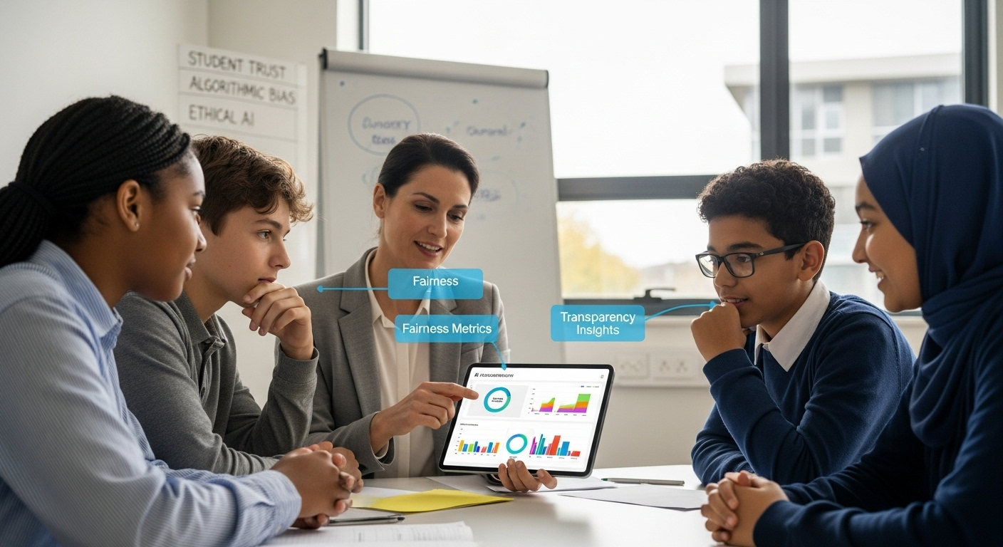 Teacher reviewing AI assessment results with emphasis on fairness, transparency, and student trust