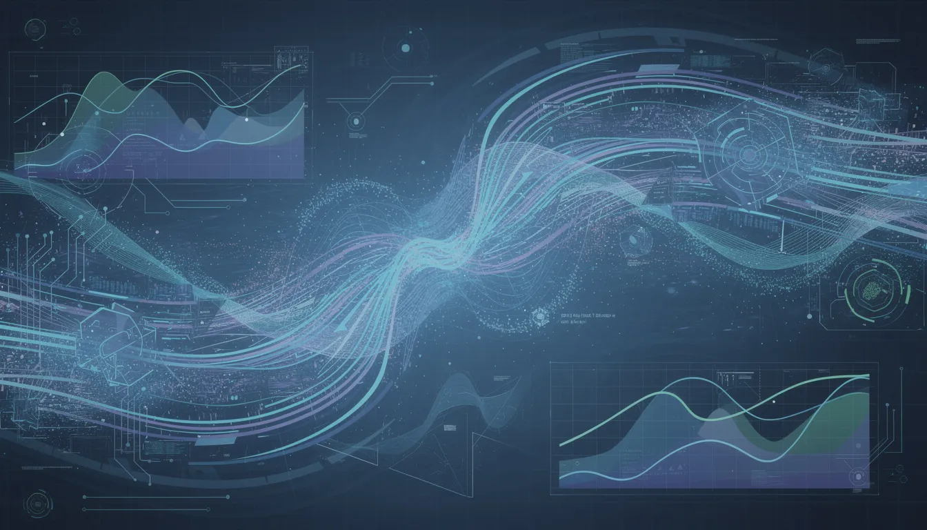 Abstrakcyjna wizualizacja przedstawia dynamiczny przepływ danych, symbolizujący analizę AI oraz usługi doradztwa biznesowego. Elementy graficzne ukazują współpracę konsultantów biznesowych w zakresie optymalizacji procesów i osiąganiu celów biznesowych.