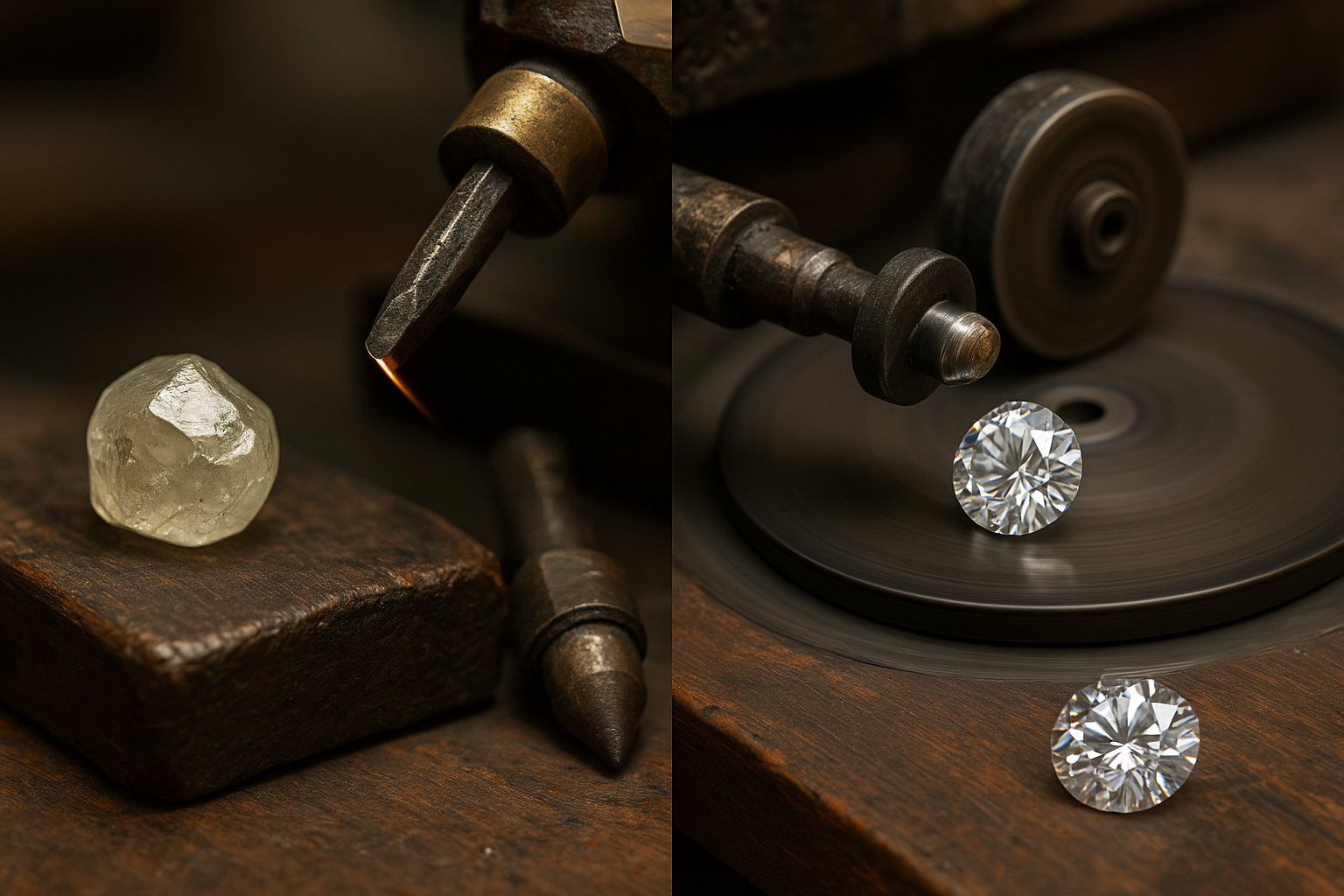 Neapdirbtas deimantas, pjovimas ir poliravimas ant disko, o gale – spindintis šlifuotas briliantas
