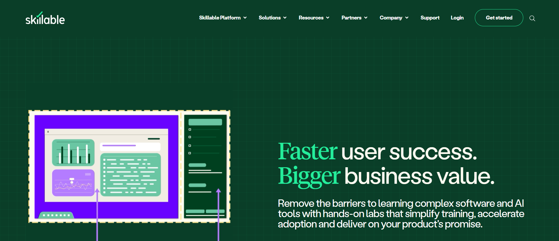 Skillable homepage showcasing cloud-based hands-on virtual labs designed to accelerate software training, customer onboarding, and product adoption.