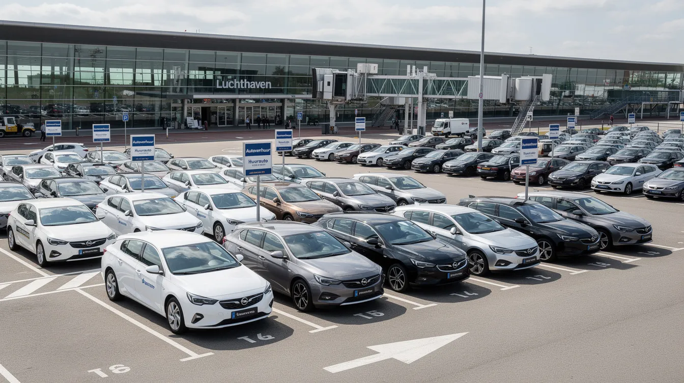 Een rij huurauto's staat geparkeerd bij de aankomsthal van de luchthaven van Casablanca, met de terminal op de achtergrond. Reizigers kunnen hier hun auto ophalen voor hun reis in Marokko, terwijl de Atlantische Oceaan in de verte zichtbaar is.