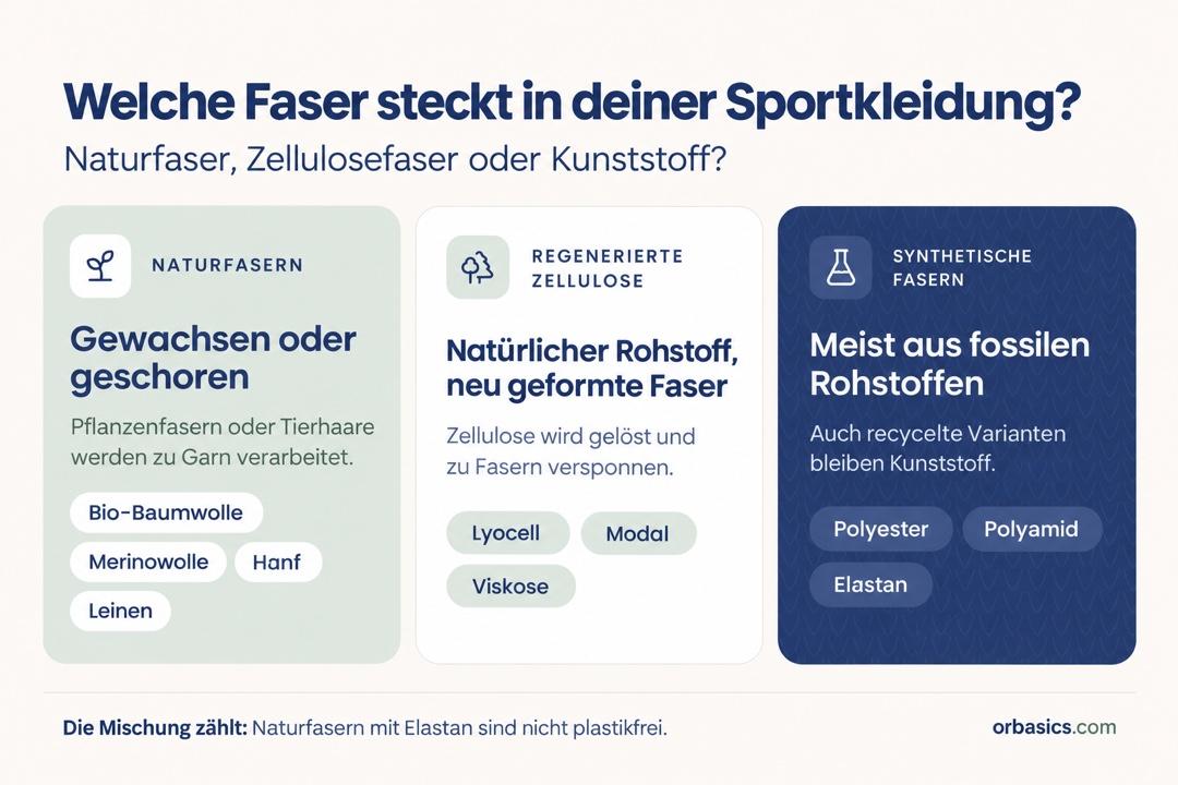 Übersicht zu Naturfasern, regenerierten Zellulosefasern und synthetischen Fasern in Sportkleidung.