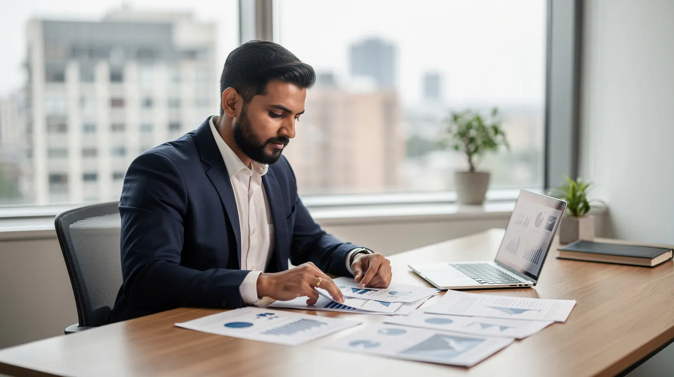 2c981f95 5963 4bdf 9564 15b6f8255c20 An Indian entrepreneur is seated at a desk, focused on reviewing business documents while using a laptop, contemplating various profitable rental business ideas such as vacation rentals and equipment rentals. The scene reflects a professional atmosphere, emphasizing the importance of market research in the growing rental industry.