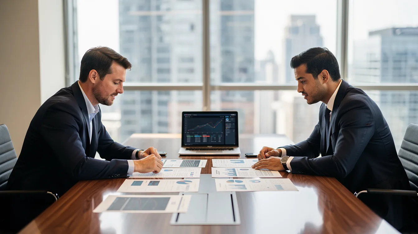 A banker and an entrepreneur are seated across a conference table, engaged in a professional discussion while reviewing a detailed project report for a ghee manufacturing business. The documents spread before them include insights on the ghee market, manufacturing process, and financial projections essential for the ghee manufacturing sector.