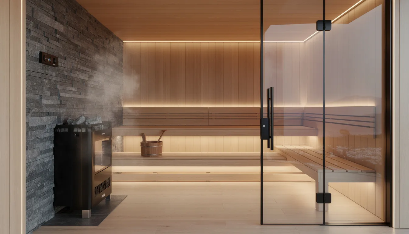 The image depicts a modern indoor sauna room featuring a glass door and a stone accent wall near a wood-burning stove, showcasing a blend of traditional sauna design with a contemporary aesthetic. The use of high-quality sauna materials, such as cedar and stone, enhances the sauna experience, ensuring excellent heat retention and durability.