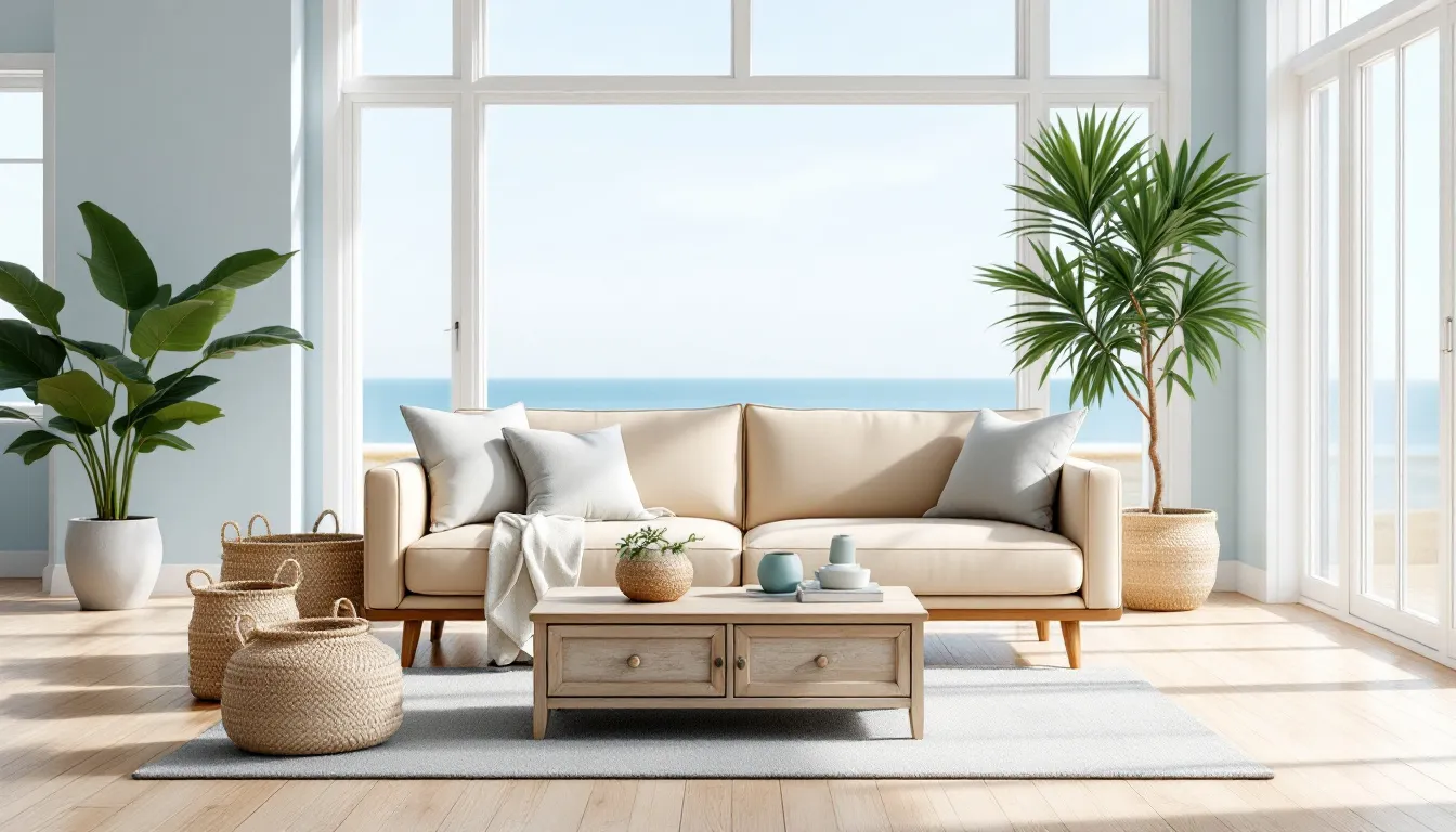 The image depicts a bright coastal living room featuring a performance fabric sofa, a natural wood coffee table, and woven baskets, creating a casual and inviting atmosphere perfect for summer inspiration. The room's light colors and comfortable textures evoke a sense of relaxation, ideal for enjoying the outdoors.