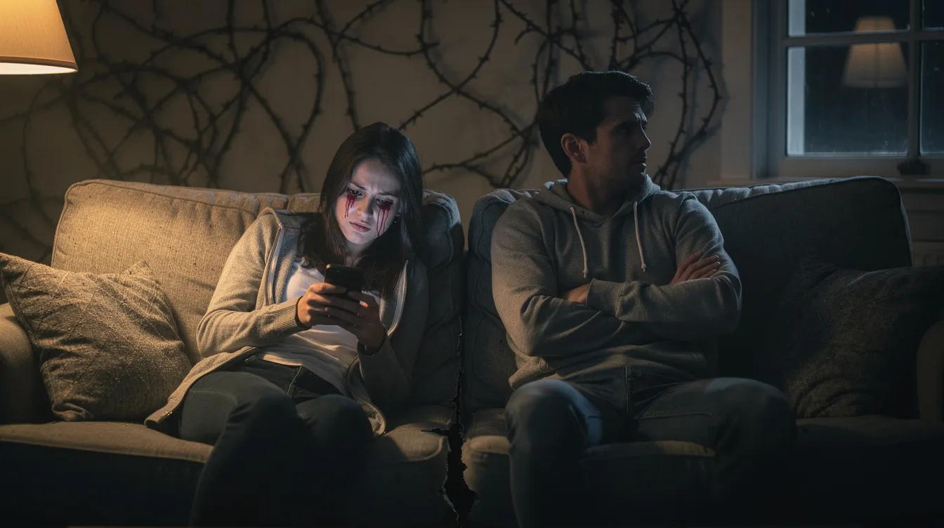 The image depicts a couple sitting together, appearing emotionally distant, which illustrates the concept of toxic attachment styles in romantic relationships. Their body language suggests unhealthy emotional attachment, highlighting the challenges of maintaining healthy relationships amidst feelings of anxiety and insecurity.