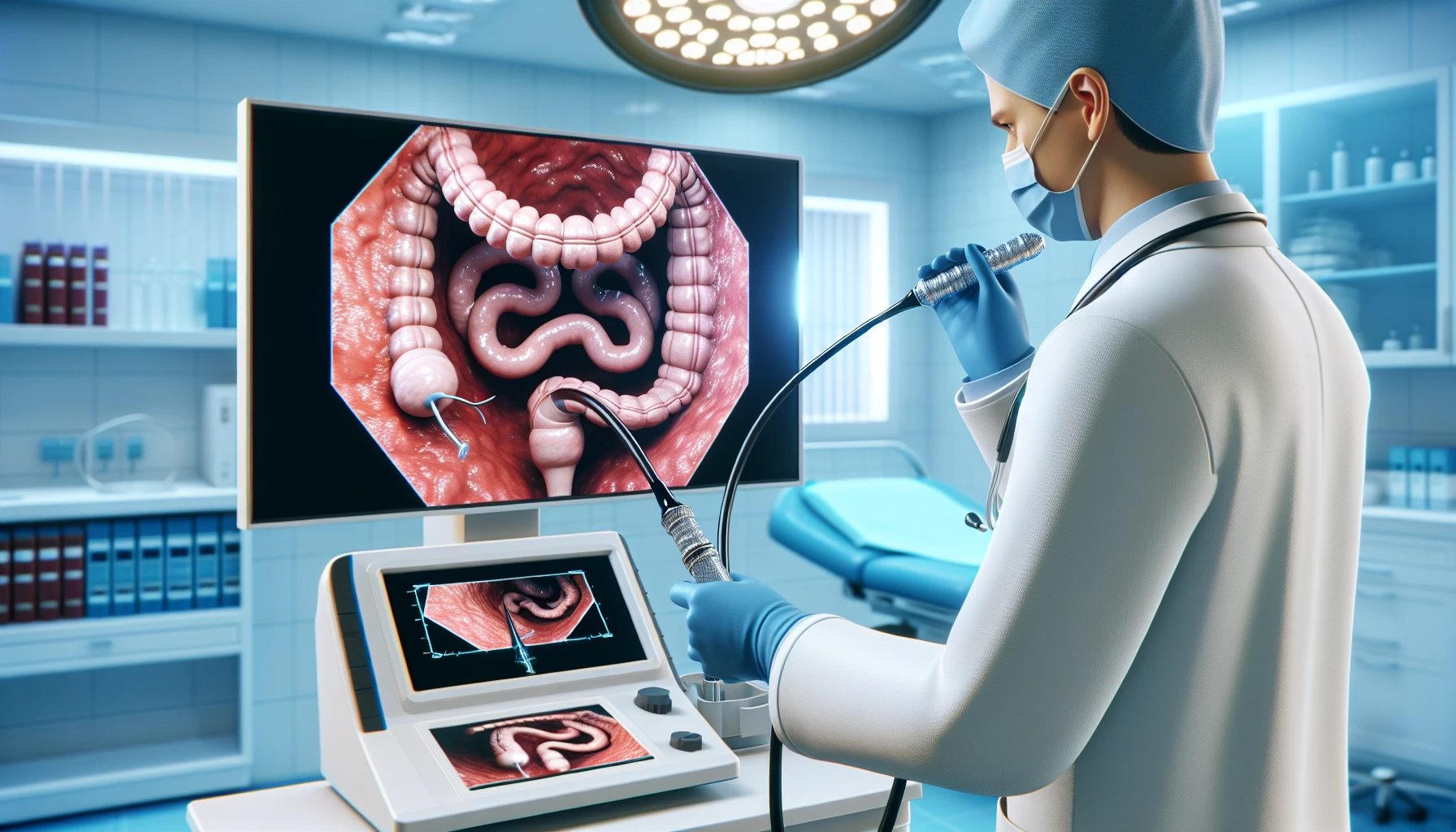 Illustration of a colonoscopy procedure for colon cancer screening