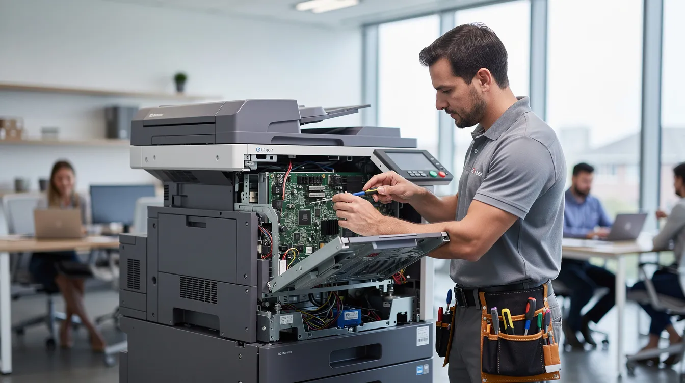 A certified technician is diligently servicing a large multifunction office copier in a modern workplace, ensuring optimal performance for the business's printing and copier maintenance needs. The technician is equipped with tools and knowledge to address any printer repair issues that may arise.