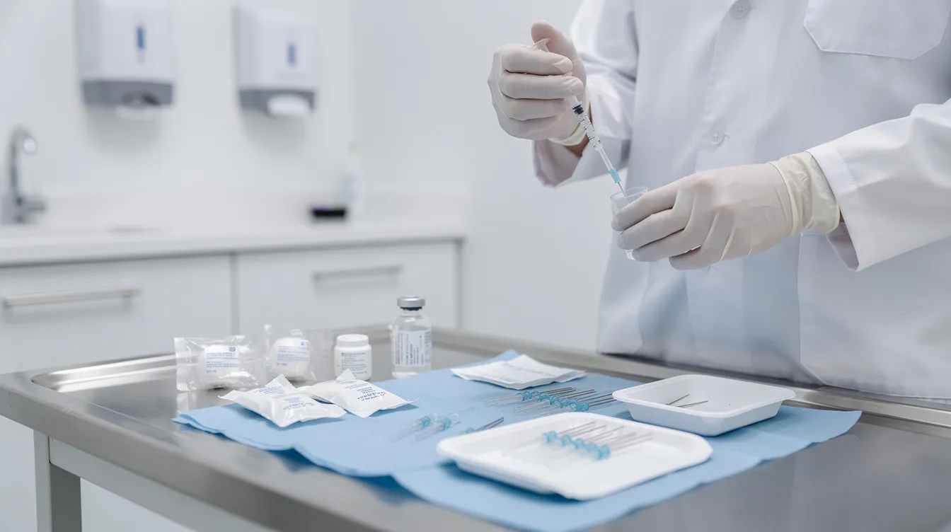 A medical professional is seen in a clean, white clinical setting, meticulously preparing injection supplies for a cosmetic procedure. This environment suggests a focus on safety and hygiene as the practitioner readies for treatments like lip flip botox, aimed at achieving fuller lips and a subtle enhancement of the upper lip.