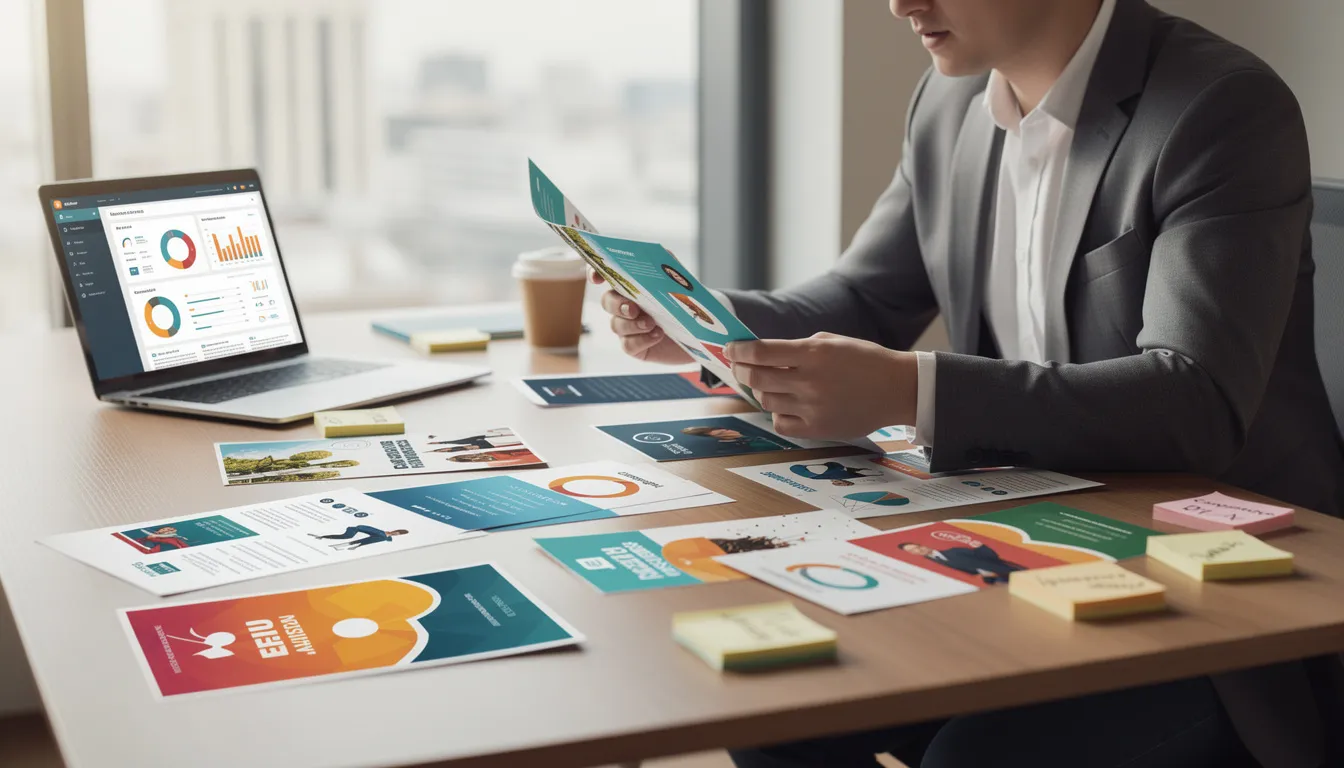 The image depicts a real estate agent reviewing vibrant marketing materials, including property listings and social media posts, spread across a desk. This scene highlights the importance of marketing efforts in the real estate business and the use of AI tools to enhance client engagement and streamline operations.
