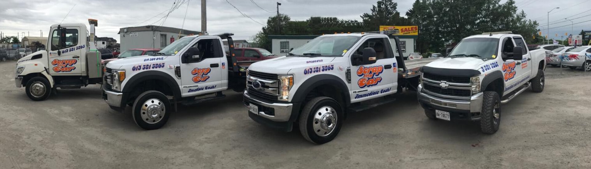 Scrap My Car Ottawa trucks lined up in their yard in Ottawa.