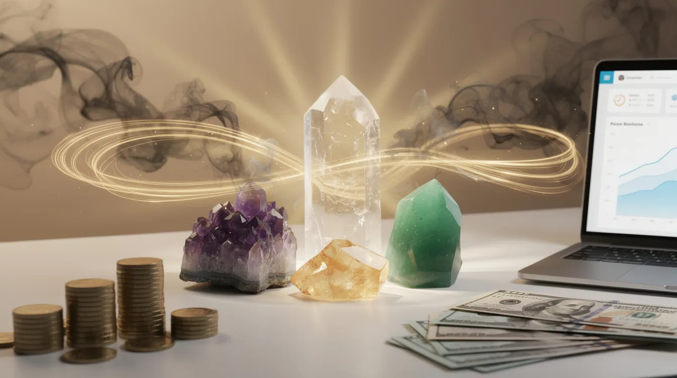 The image depicts a collection of various crystals, including green aventurine and clear quartz, arranged in a crystal grid designed to attract financial success and prosperity. These powerful stones are believed to help remove negative energy and clear energy blockages, promoting positive energy flow toward achieving financial goals and business success.