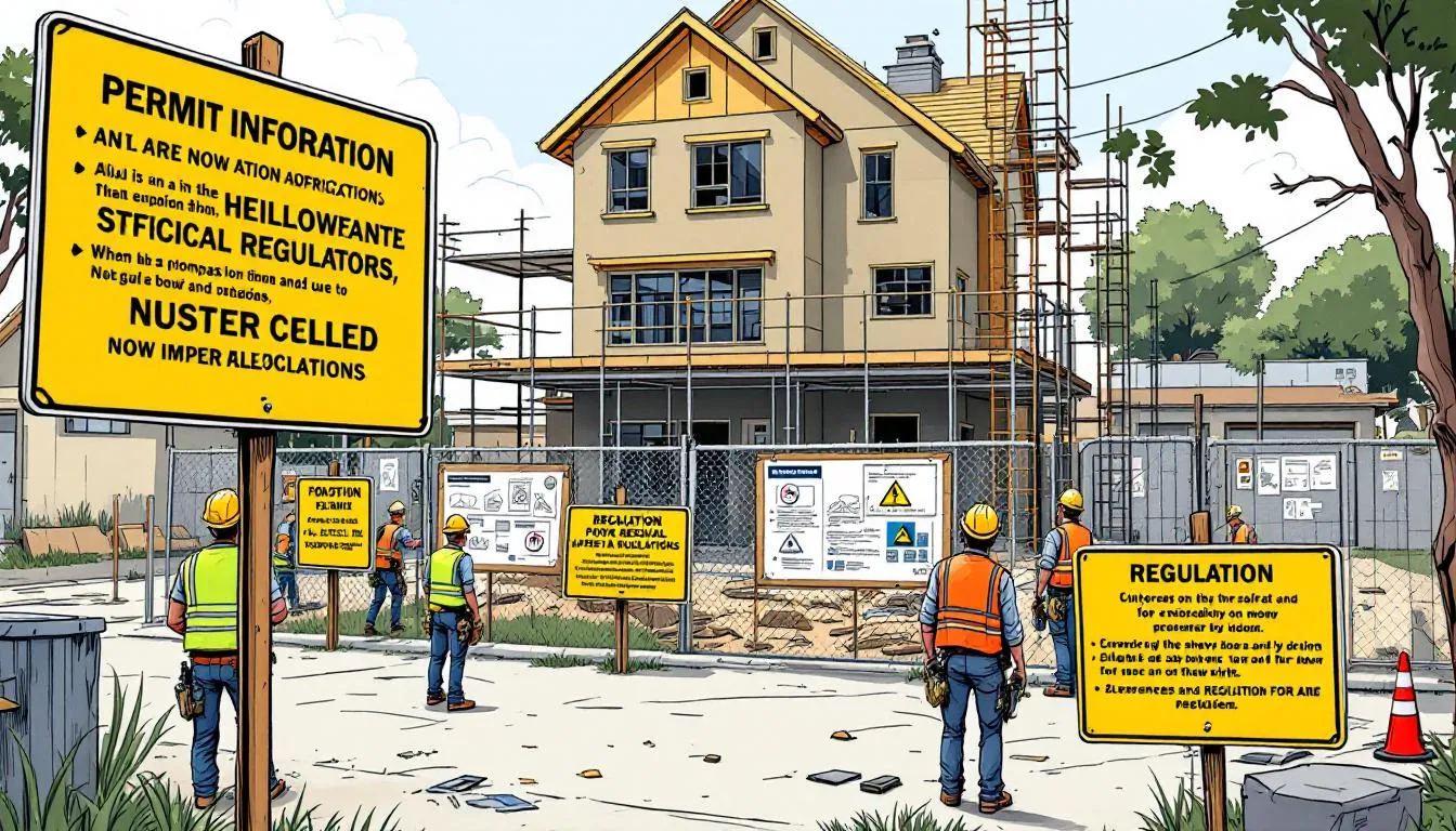 A construction site with visible signs for proper permits and regulations, reminding homeowners not to ignore these important aspects.