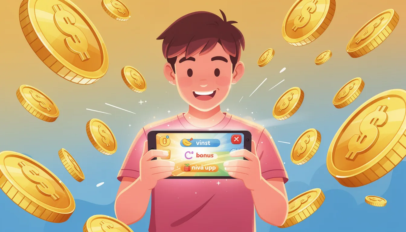 En person spelar på sin mobil med glada färger runt omkring, medan mynt svävar i bakgrunden, vilket skapar en livlig atmosfär som påminner om spänningen i ett casino. Denna bild fångar känslan av att njuta av bonusar utan omsättningskrav och free spins i ett online casino.