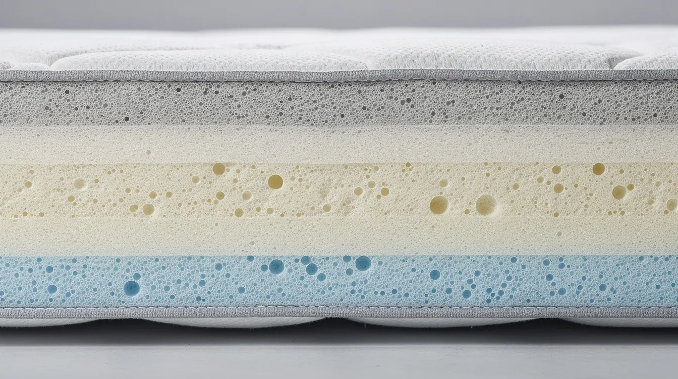 En närbild visar madrasslagret i en bäddsoffa med divan, där de olika skumskikten är tydligt synliga. Denna bäddsoffa erbjuder både komfort och funktionalitet, perfekt för att skapa en bekväm sovplats för gäster i hemmet.