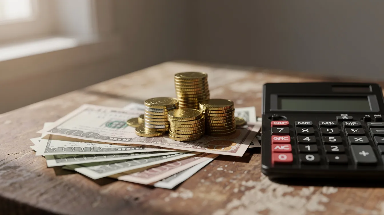 The image features a collection of stacked coins and various currency notes arranged on a wooden table, accompanied by a calculator, symbolizing personal banking and financial management. This scene reflects the essence of banking services in the UAE, where institutions like Dubai Islamic Bank and Abu Dhabi Commercial Bank provide comprehensive wealth management and investment banking solutions.