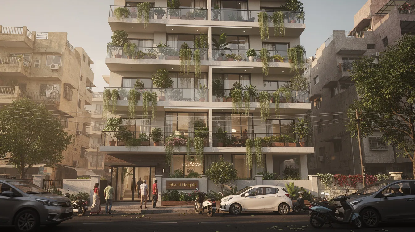 The image depicts a modern multi-story apartment building in an urban Indian city, featuring balconies adorned with greenery. This well-maintained property reflects effective property management practices that enhance tenant satisfaction and contribute to the overall property value.