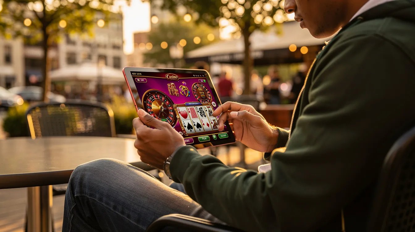 A person is sitting outdoors, comfortably browsing various online casino games on a tablet, surrounded by greenery. The scene captures the enjoyment of exploring live casino games and slot games, highlighting the appeal of mobile play for UK casino players.