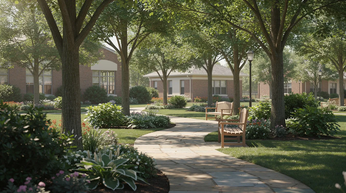 The image depicts a serene garden path gently winding through lush trees on a tranquil residential campus, creating a peaceful environment ideal for reflection and healing. This supportive setting is reminiscent of those found in treatment centers for mental health issues, including borderline personality disorder, where individuals can engage in therapies like dialectical behavior therapy and group therapy as part of their recovery journey.
