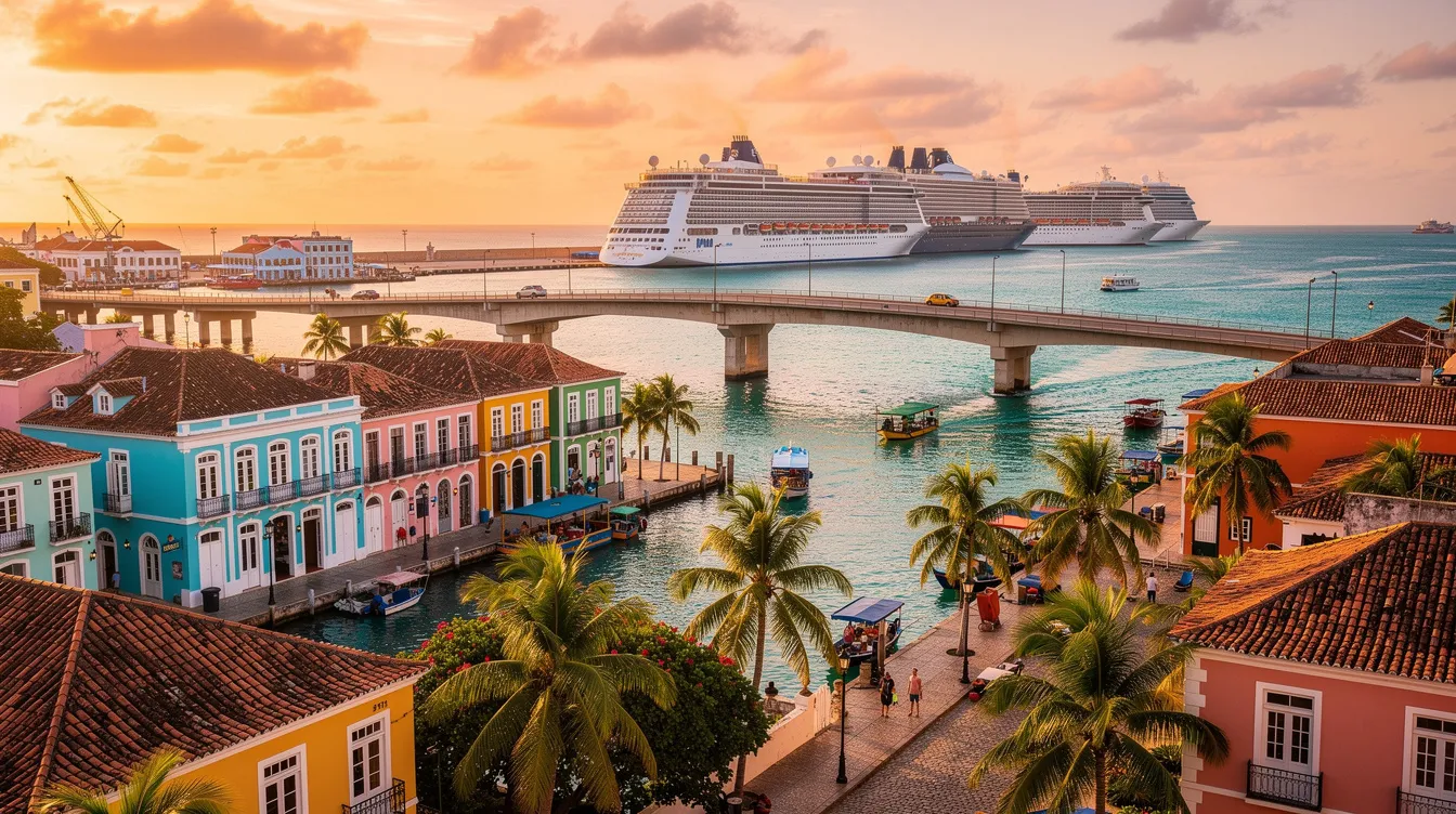 Vista panorâmica da cidade colonial caribenha de Willemstad, com a icônica ponte Queen Emma sobre um canal e navios de cruzeiro ancorados ao fundo, rodeada por águas azul turquesa e arquitetura colorida. Este cenário reflete o charme do patrimônio mundial de Curaçao, um destino paradisíaco no Caribe.