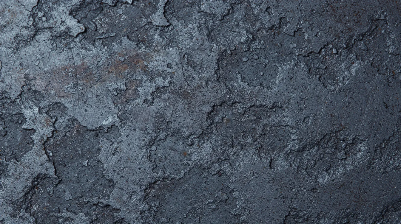 The image shows a close-up view of a dark blue-grey steel plate surface, highlighting its rough mill scale texture, typical of hot rolled steel. This scaled surface indicates the material's exposure to high temperatures during the rolling process, contrasting with the smoother finish found in cold rolled products.