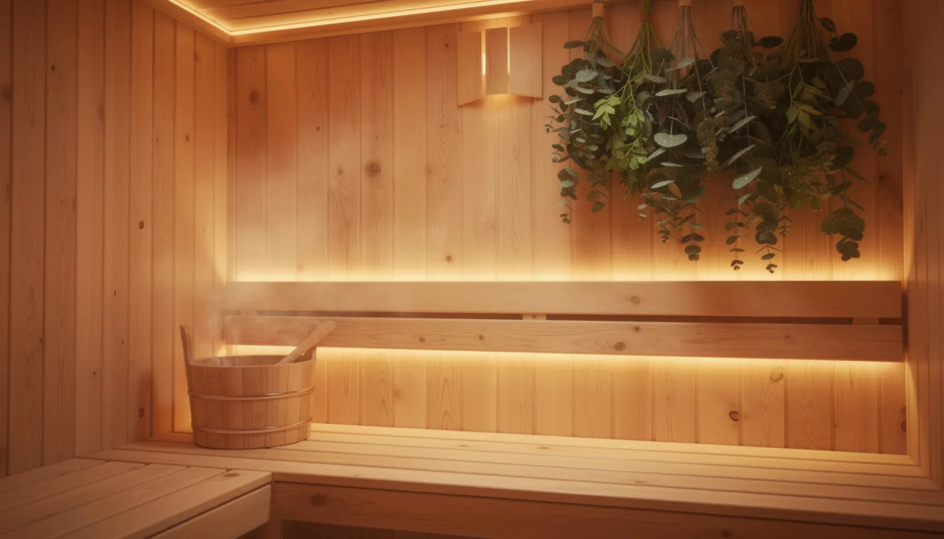 The image depicts a warm wooden sauna interior, featuring eucalyptus branches hanging from the ceiling and soft amber lighting that creates a calming ambiance. This ideal setting promotes stress relief and deep relaxation, making it perfect for sauna meditation and mindfulness practices.
