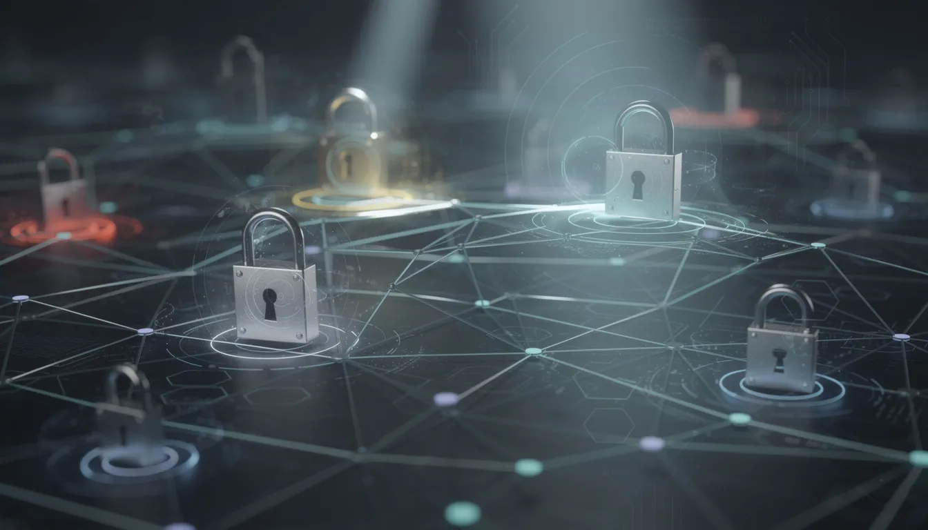 Une visualisation abstraite montre des connexions réseau entrelacées, symbolisant différents niveaux d'accès, accompagnées de cadenas représentant la sécurité des systèmes d'information. Cette image évoque les tests d'intrusion et les vulnérabilités des applications web, illustrant l'importance de la cybersécurité dans la protection des données.