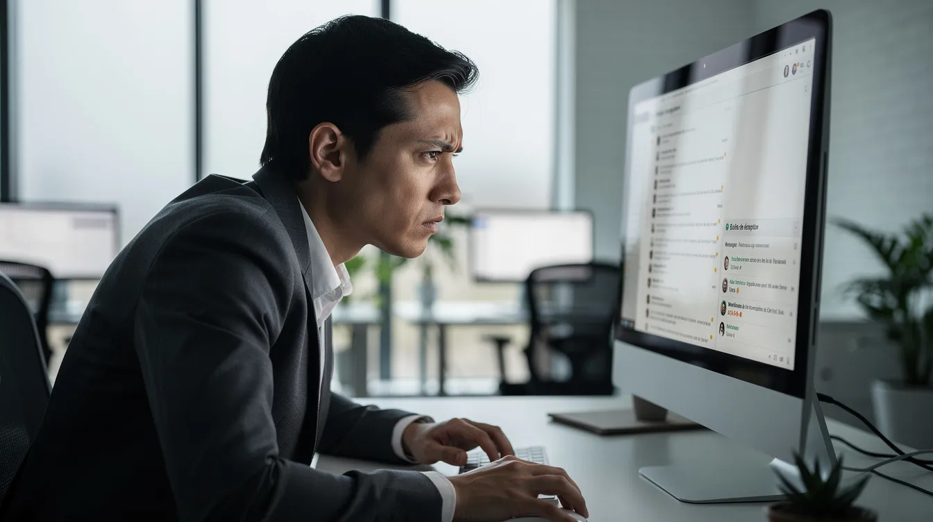 L'image montre un professionnel visiblement tendu, concentré devant son écran dans un bureau moderne, illustrant les signes de stress au travail. Cette scène évoque l'importance de la gestion du stress et de la santé mentale dans un environnement professionnel.