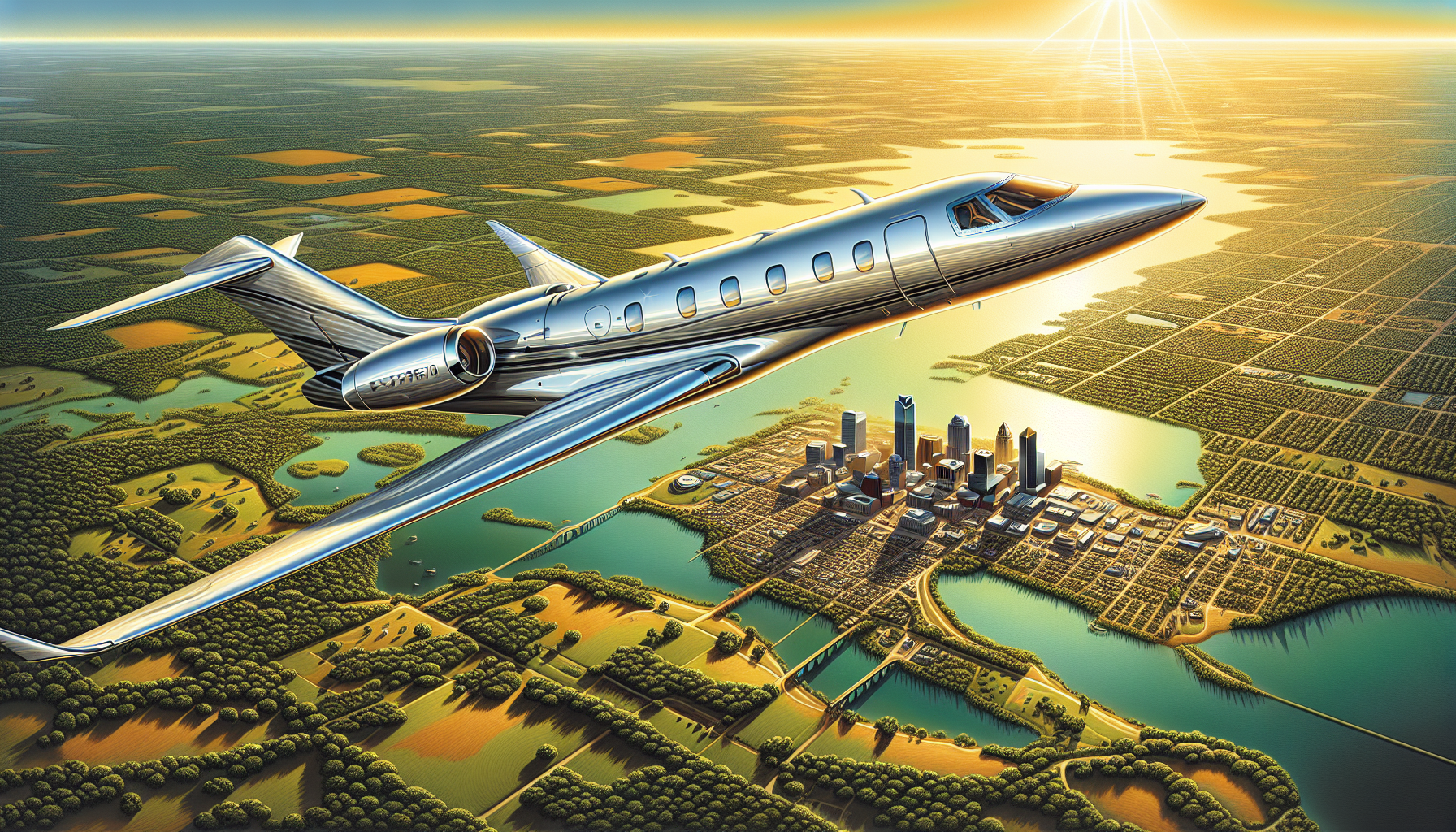 A luxurious private jet flying over the scenic landscapes of Denton, Texas