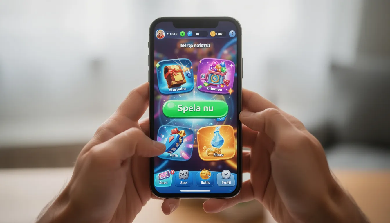 En närbild av händer som håller en mobiltelefon med en spellobby synlig på skärmen, där användaren kan logga in med BankID för att spela på casinon med svensk licens. Mobilen visar olika spelalternativ och bonusar, vilket ger en känsla av spänning och möjligheter inom online casino.