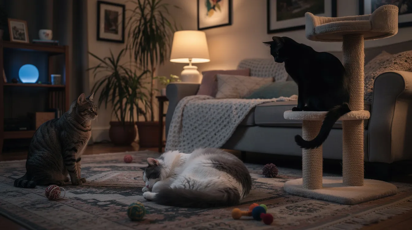 In a cozy living room, three cats are seen in different positions: one is curiously watching a glowing object on a shelf, another is peacefully napping nearby, and the third is sitting alertly on a cat tree, demonstrating their natural curiosity and playful nature. The warm atmosphere of the room adds to the comfort of these playful felines.