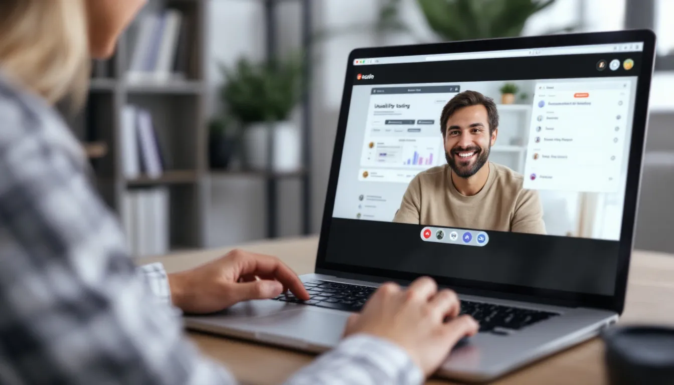 The image depicts a remote usability testing session where participants interact with a website interface, showcasing real users clicking through tasks on various devices. Product managers and developers observe the session to gather insights on usability issues and collect feedback for improving the user experience.