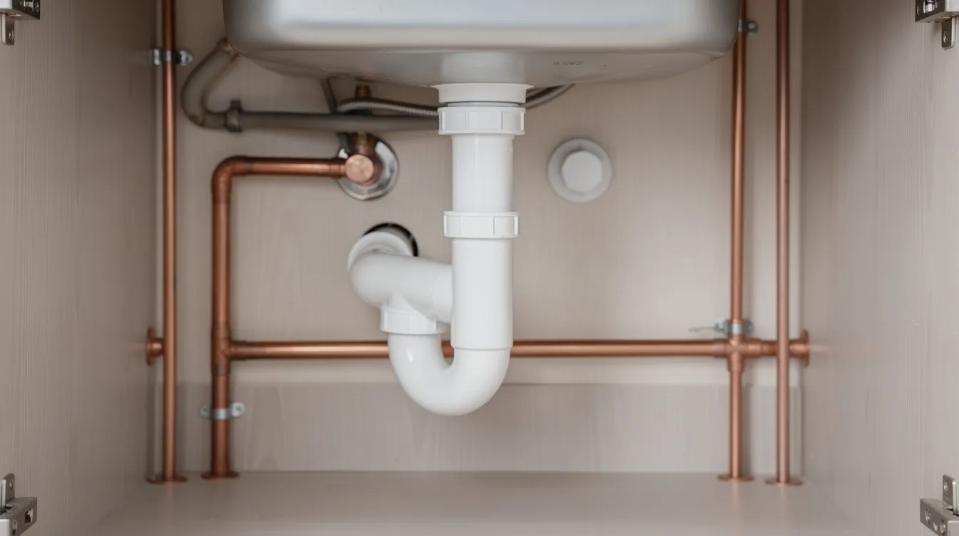 L'image montre des tuyaux de plomberie en PVC et en cuivre sous un évier de cuisine, illustrant un système d'évacuation pour l'eau potable et les eaux usées. On peut également apercevoir un siphon, essentiel pour éviter les mauvaises odeurs dans la maison.