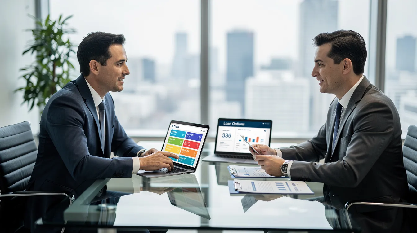A professional financial advisor is seated at a desk, discussing various loan options with a client, highlighting key aspects such as the actual annual percentage rate (APR) and repayment terms. The advisor provides insights into online loan platforms and the application process, ensuring the client understands their borrowing capacity and the importance of credit ratings.