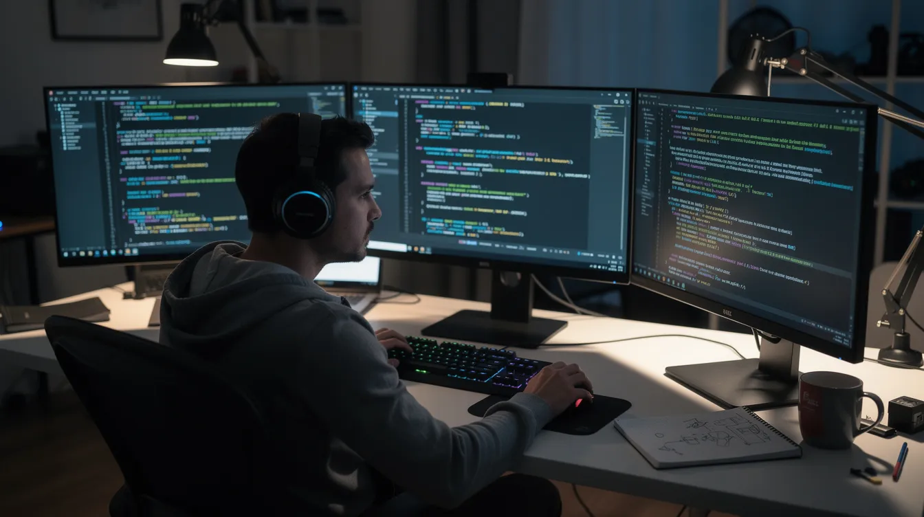 A developer is seated at a desk surrounded by multiple monitors displaying code in a dark-themed editor, showcasing various code blocks and snippets. The setup highlights the use of AI coding tools for code generation and real-time code suggestions, emphasizing a modern programming environment.